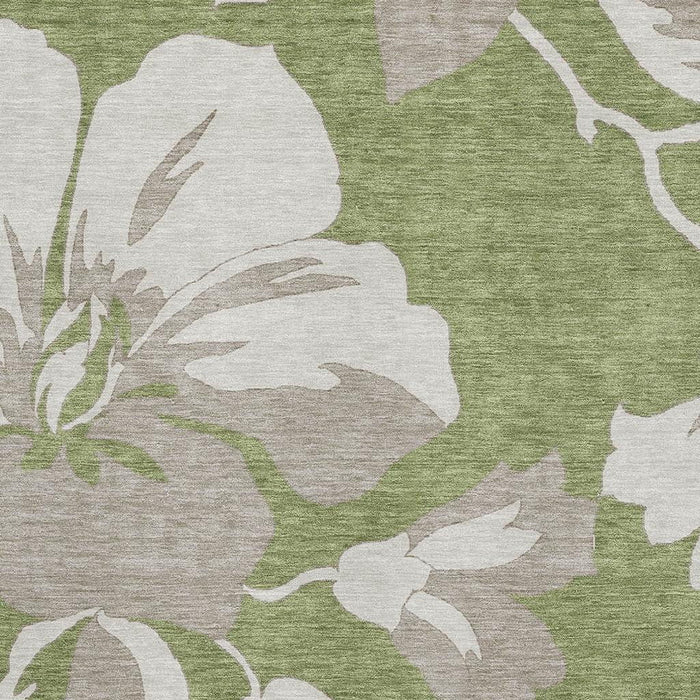 10' X 14' Floral Washable Area Rug With UV Protection (668005) - Olive Green / Gray