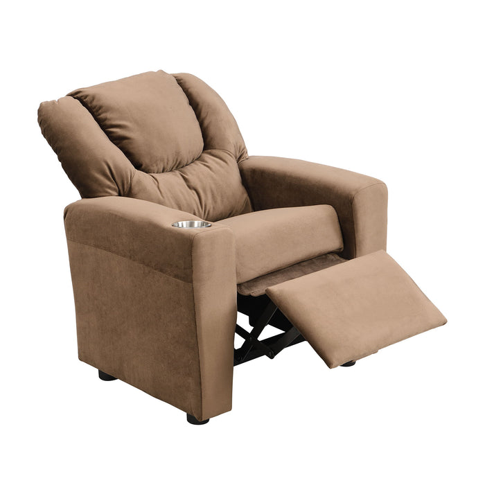 Giga kids recliner chair in brown with headrest, footrest, and built-in cup holder, perfect for toddlers' comfort.