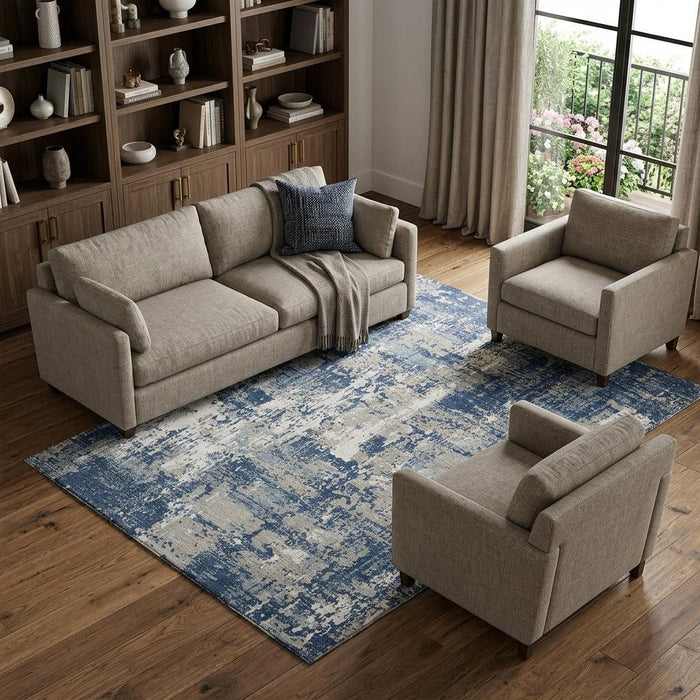 10' X 14' Abstract Washable Area Rug With UV Protection (679150) - Navy Blue / Gray / Ivory