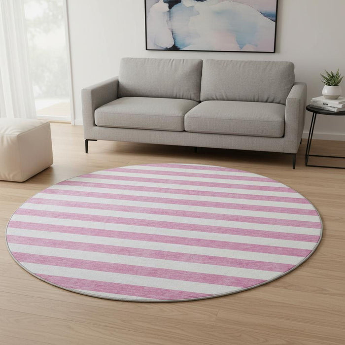 8' Striped Washable Round Rug With UV Protection (647635) - Pink / Ivory