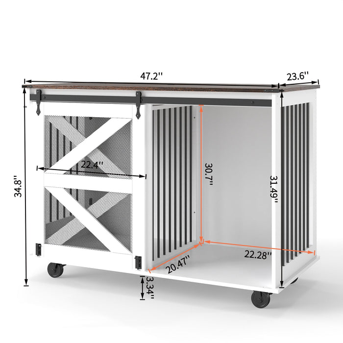 Giga mobile dog crate with flip top feeding door, dual access, brown and white color, on caster wheels with locking system.