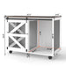 Giga mobile dog crate with flip top feeding door, dual access, brown and white color, on caster wheels with locking system.