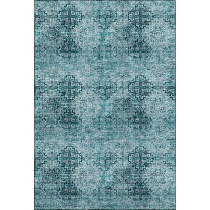 10' X 14' Floral Medallion Distressed Washable Area Rug With UV Protection (648958) - Teal / Ivory