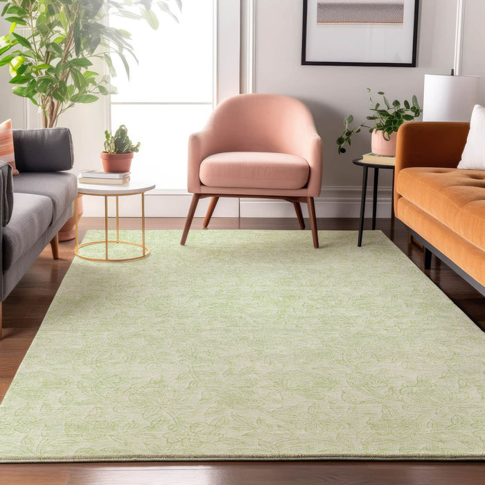 10' X 14' Floral Washable Area Rug With UV Protection - Artichoke Green And Ivory