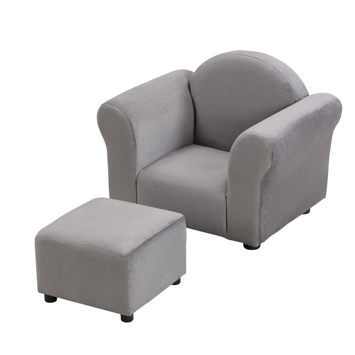 Gray kids velvet upholstered stationary chair with matching ottoman for comfortable seating, branded Giga.