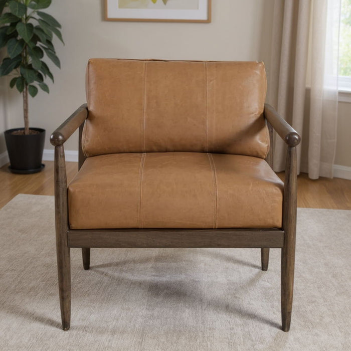 28" Transitional Genuine Leather And Solid Wood Arm Chair - Brown