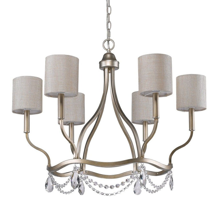 HomeRoots gold metal chandelier with six candle-style lights and white shades, dimmable for elegant lighting.