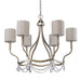 HomeRoots gold metal chandelier with six candle-style lights and white shades, dimmable for elegant lighting.