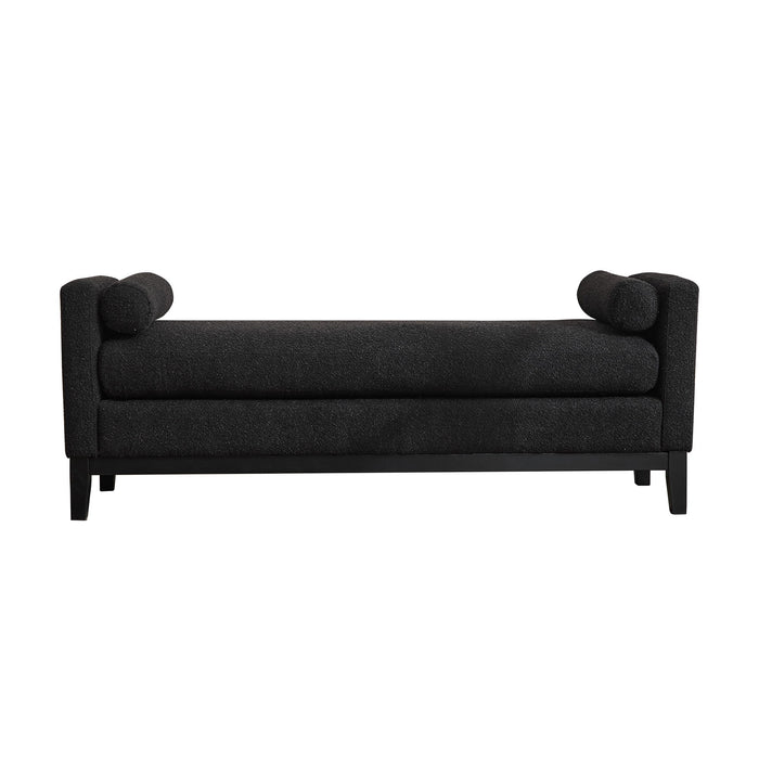 Elegant black boucle upholstered bench with wood legs and two bolster pillows, versatile daybed and ottoman by Giga.