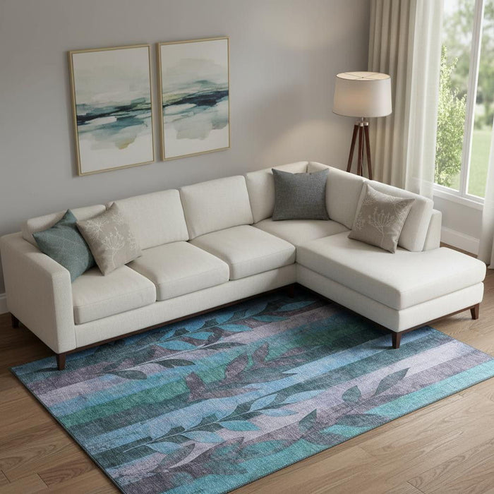 10' X 14' Floral Washable Area Rug With UV Protection (706391) - Denim Blue / Lavender