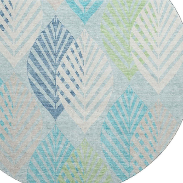 8' Transitional Floral Washable Round Rug With UV Protection - Teal
