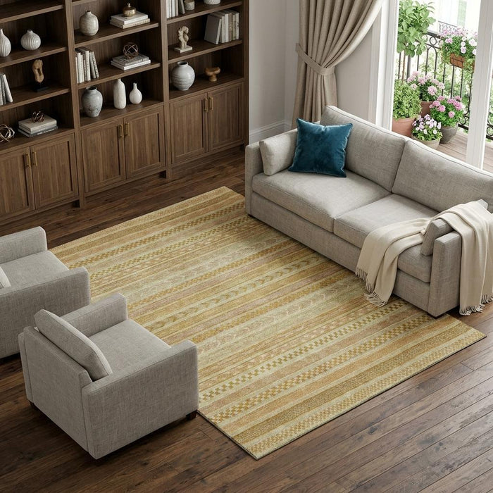 10' X 14' Striped Washable Area Rug With UV Protection (695204) - Salmon / Gold / Beige