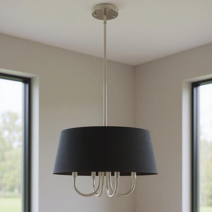 HomeRoots 20-inch four-light dimmable chandelier with pearl silver shades and nickel finish, elegant lighting fixture for dining rooms.