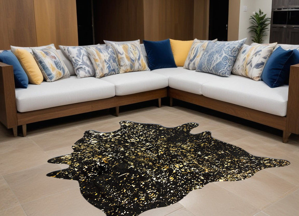 60" x 84" Cowhide - Area Rug - Black And Gold