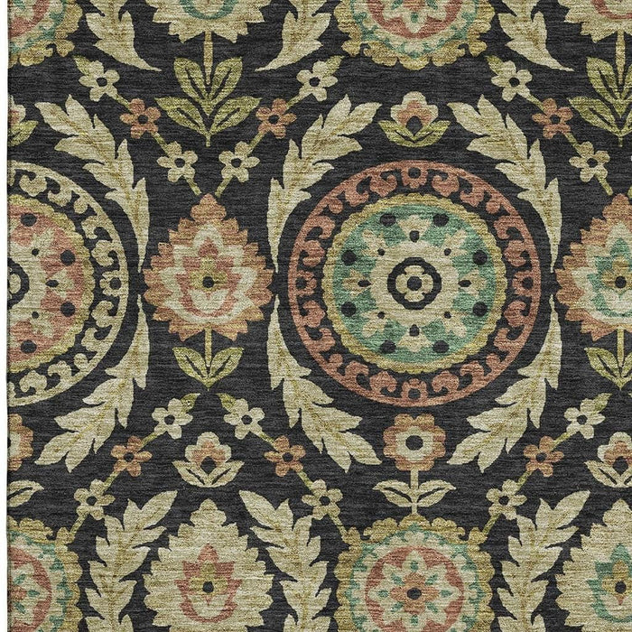 9' X 12' Copper Floral Washable Area Rug With UV Protection - Black
