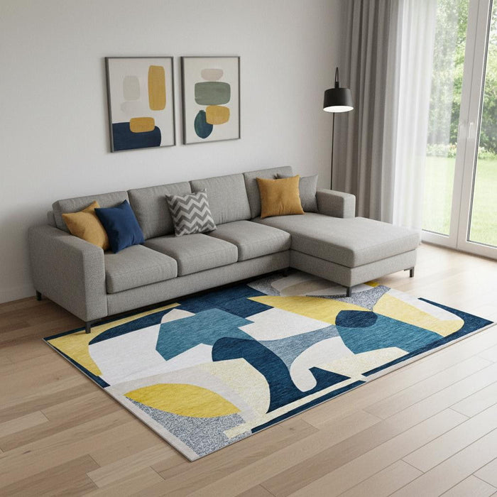 9' X 13' Abstract Washable Area Rug (552011) - Blue / Yellow