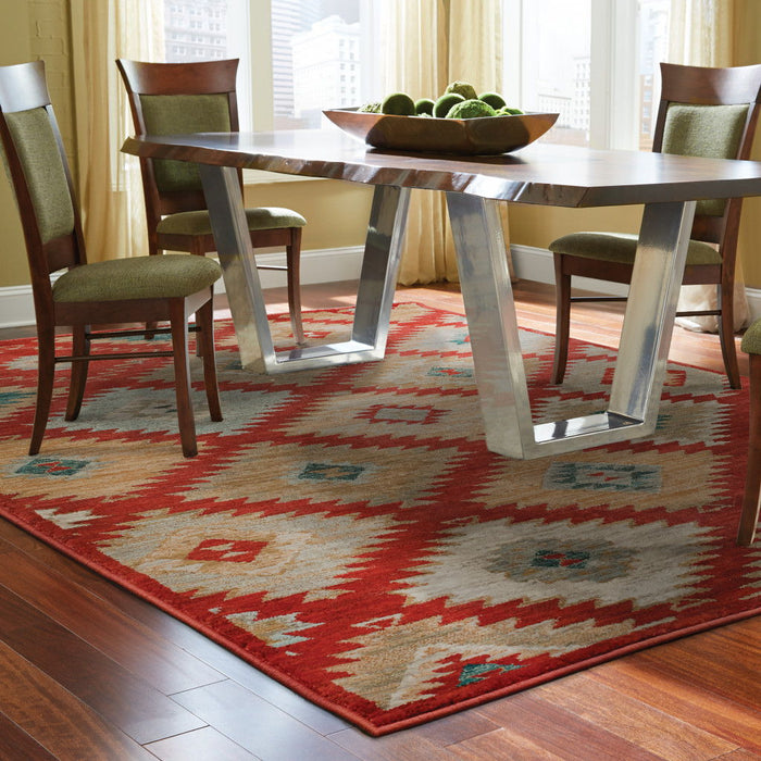 10' x 13' Geometric Power Loom Stain Resistant Area Rug - Red Green Gold Blue Teal And Ivory