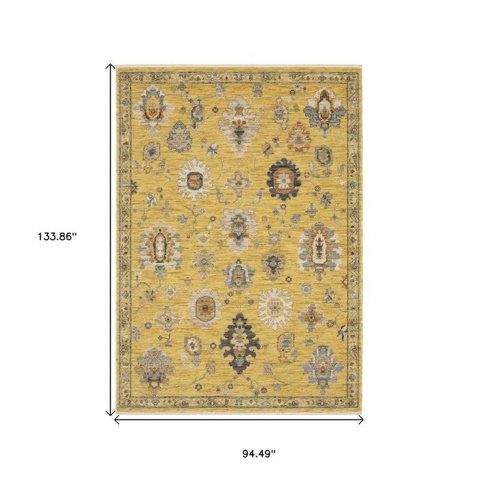 8' X 11' Oriental Area Rug With Fringe - Yellow