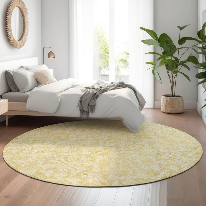 8' Medallion Washable Round Rug Polyester With UV Protection - Gold And Ivory