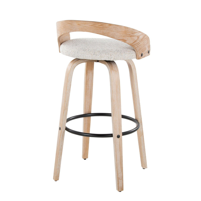 Grotto - 30" Fixed-Height Barstool With Swivel And Round Black Metal Footrest (Set of 2) - White Washed Wood And Oat Fabric