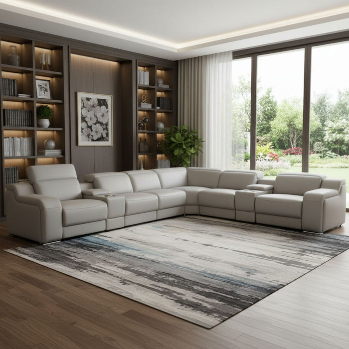 Italian Leather Power Reclining Curved Eight Piece Corner Sectional With Console - Light Gray