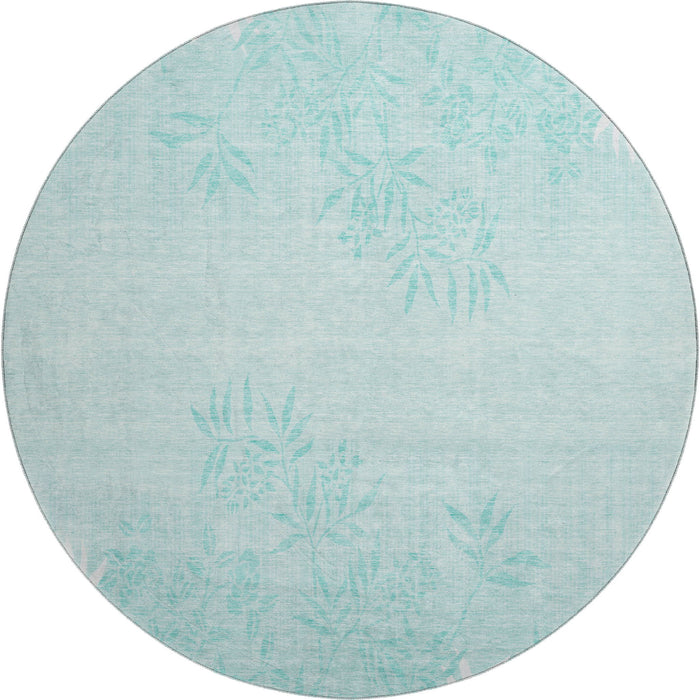 8' Floral Washable Round Rug With UV Protection (655677) - Teal / Ivory