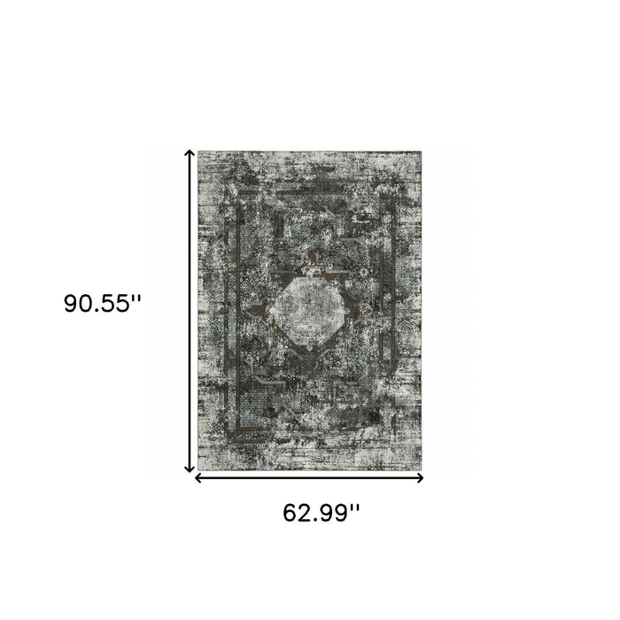 5' x 8' Oriental Power Loom Stain Resistant Area Rug - Charcoal Rust Gray Blue Ivory And Brown