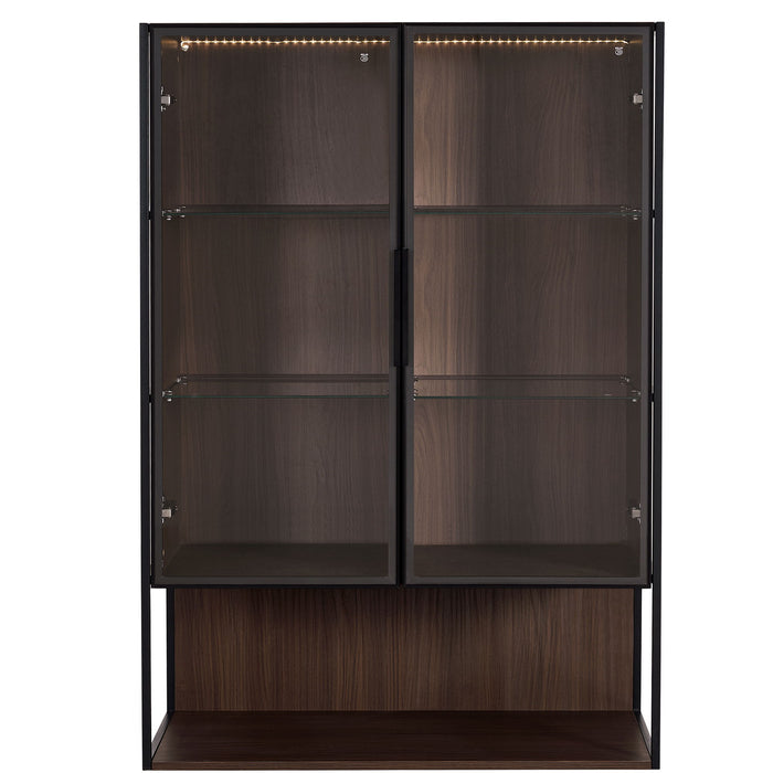 Modern minimalist black accent display cabinet by Giga with tall tempered glass door and built-in lighting.
