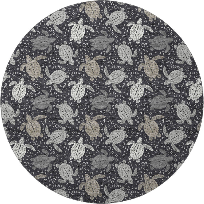 8' Geometric Washable Round Rug With UV Protection (646166) - Midnight / Ivory / Gray