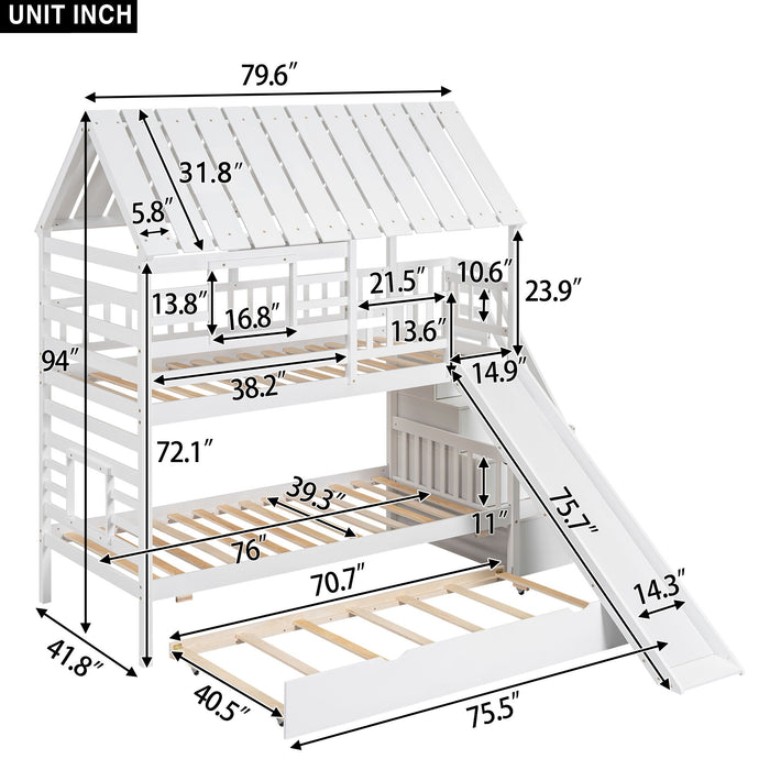 Giga house bunk bed with trundle, storage staircase, roof, and window design, ideal for kids' bedrooms with playful features.