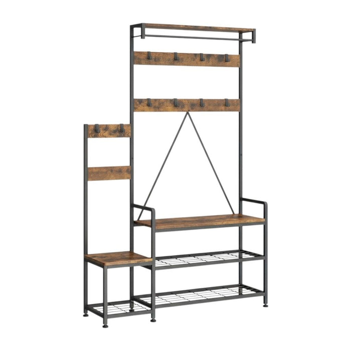71" And Rustic Ten Hook Coat Rack Storage Bench - Black / Brown