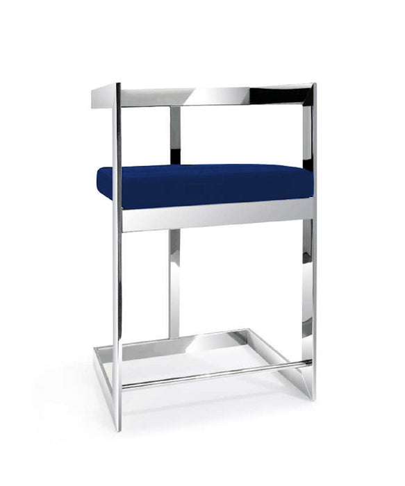 26" Metal And Velvet Low Back Counter Height Bar Chair - Blue / Silver