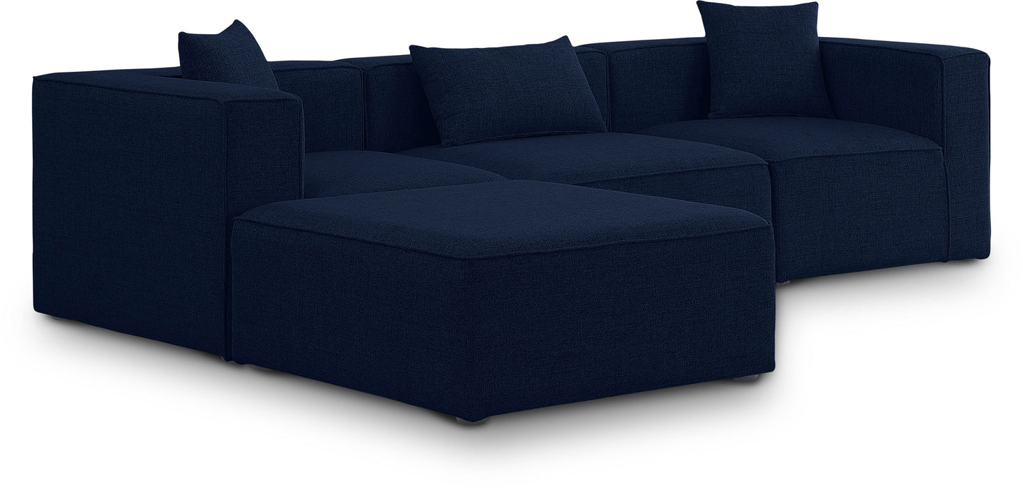 Meridian Furniture Cube Linen 4-piece modular sectional with chaise, beige fabric, modern stationary sofa arrangement.