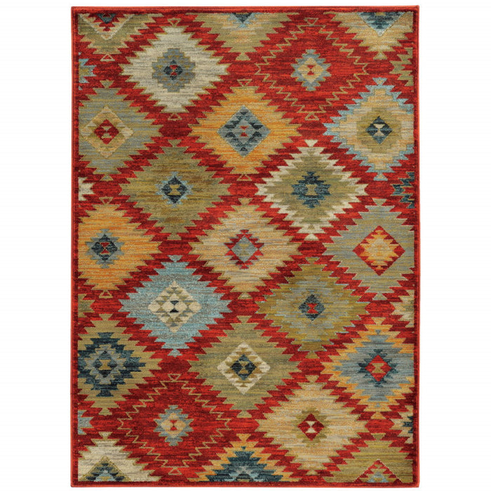 10' x 13' Geometric Power Loom Stain Resistant Area Rug - Red Green Gold Blue Teal And Ivory