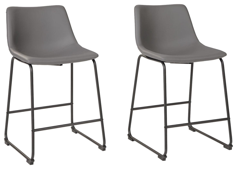 Set of two Ashley Furniture Centiar upholstered barstools with padded seats and backrests, featuring modern design and wooden legs.