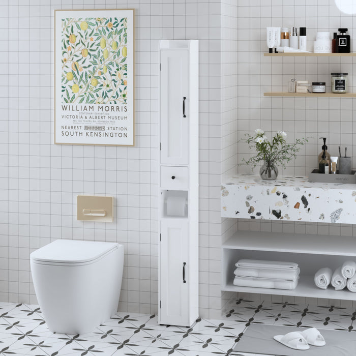 Giga white slim tall bathroom linen cabinet with two doors and adjustable shelves for bathroom storage.