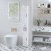 Giga white slim tall bathroom linen cabinet with two doors and adjustable shelves for bathroom storage.
