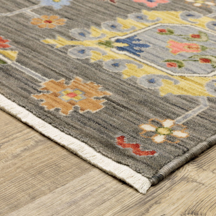 8' x 11' Oriental Power Loom Stain Resistant Area Rug With Fringe - Gray Charcoal Yellow Blue Rust Red Pink Green And Ivory