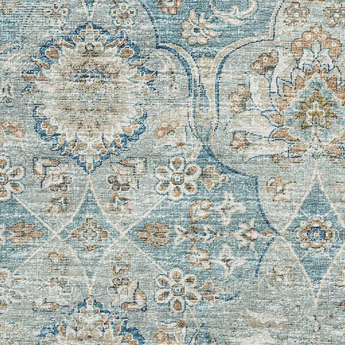 10' X 14' Floral Medallion Distressed Washable Area Rug With UV Protection (644586) - Persian Blue / Coffee / Ivory