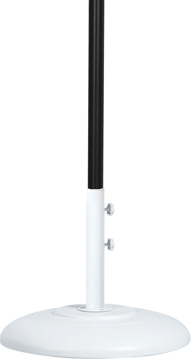 Meridian Furniture Fiji aluminum patio umbrella with round white and black base, providing shade for outdoor seating areas.