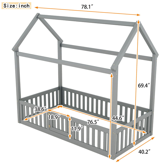 Giga wooden house bed with fence and door, platform bed for kids, featuring a cozy, playful design and natural wood finish.