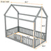 Giga wooden house bed with fence and door, platform bed for kids, featuring a cozy, playful design and natural wood finish.
