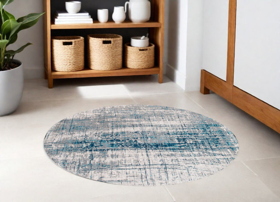 5' Round Abstract Non Skid Area Rug - Gray And Blue