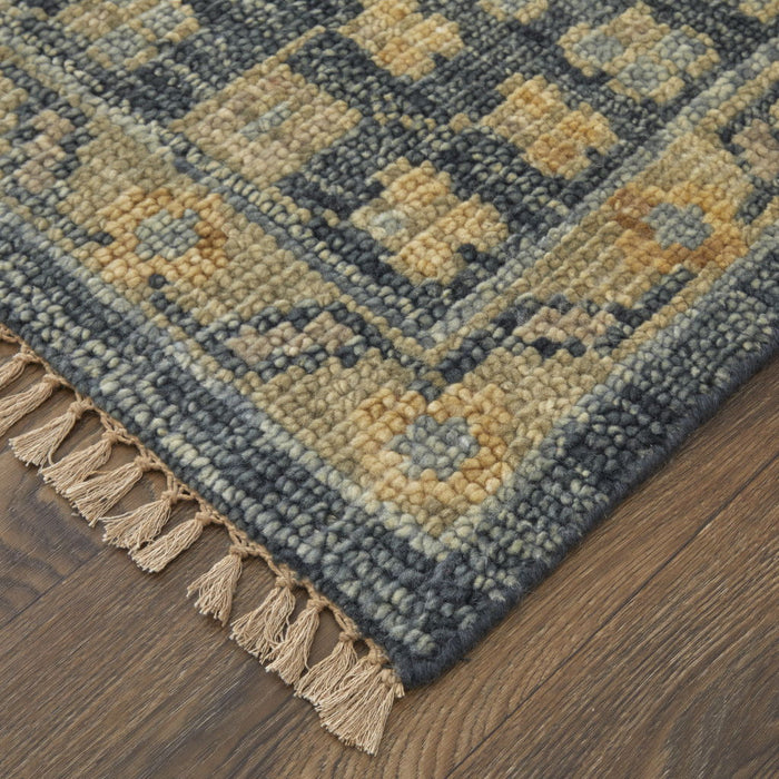 14' Wool Oriental Hand Knotted Runner Rug With Fringe - Blue Gray And Tan