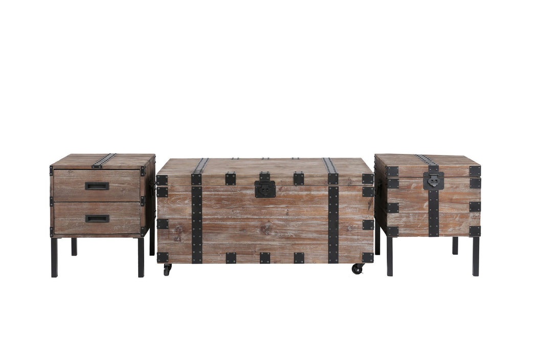 Set of three Giga trunk and side tables in antique gray with large storage compartments for living room organization.