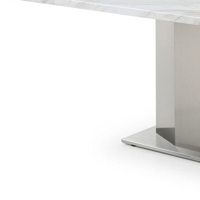 79" Marble And Stainless Steel Pedestal Base Dining Table - Gray / White