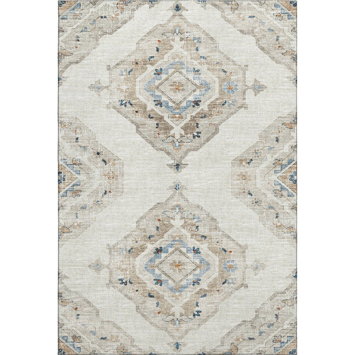 8' X 10' Tribal Distressed Washable Area Rug With UV Protection (644178) - Linen / Ivory / Blue