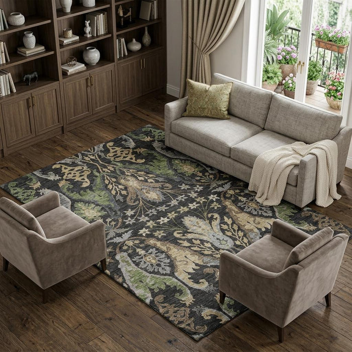 10' X 14' Floral Washable Area Rug With UV Protection (686927) - Black / Olive Green / Gray