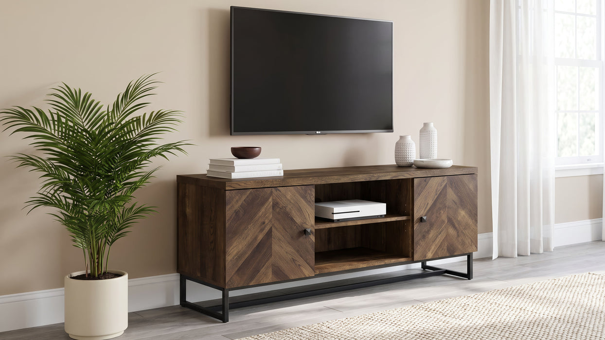 CoasterEssence Myles 2-door 60-inch TV stand in rustic oak engineered wood with open shelving