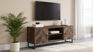 CoasterEssence Myles 2-door 60-inch TV stand in rustic oak engineered wood with open shelving